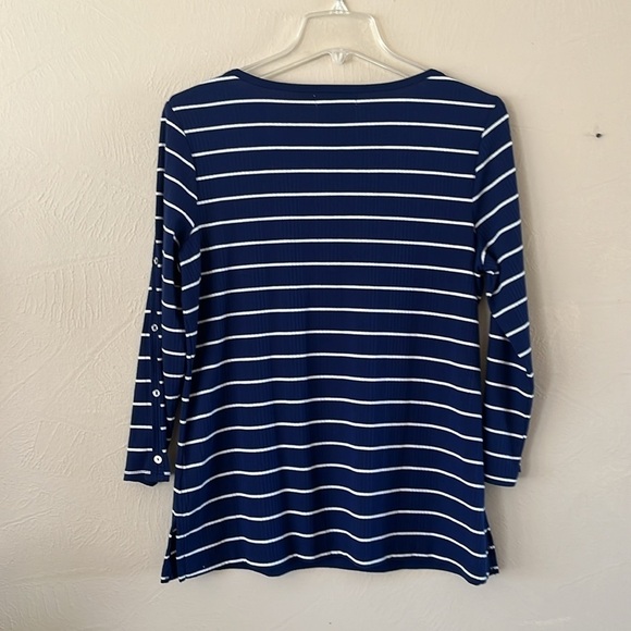 Liz Claiborne Ribbed Knit Pull Over Navy White Stripes Buttons on Sleeve Size M - Picture 4 of 11
